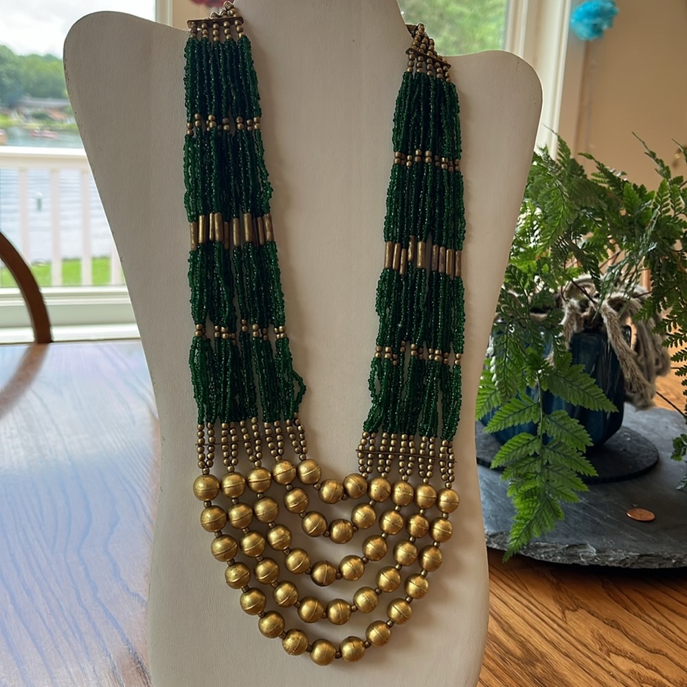 Green and Gold Beads Multilayered Statement Mixed Materials Artisan Necklace - Picture 12 of 17